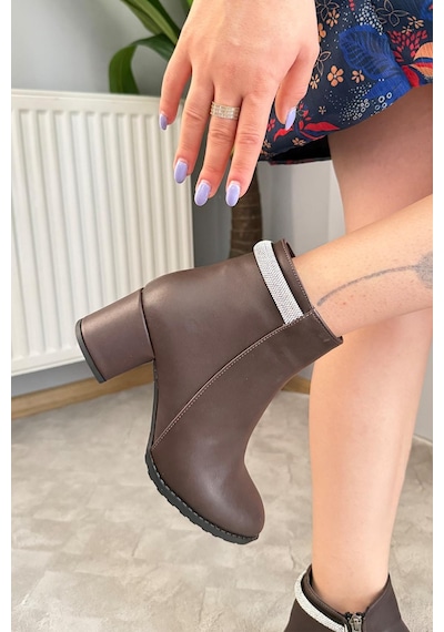 Preshley Kadın Trend Acı Kahve Arkadan Taşlı 6 Cm Topuklu Oval Burun Bot Kahverengi