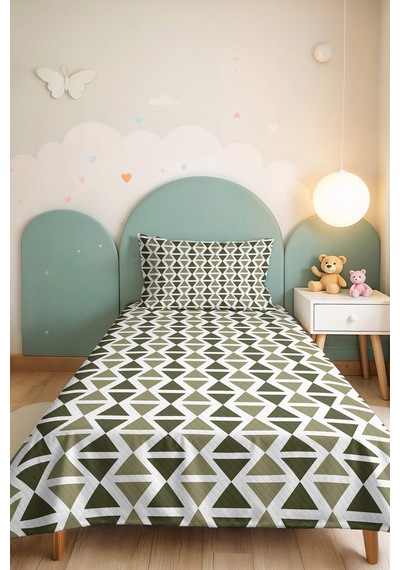 Geometrik Yeşil Minimal Tek Kişilik Pike Takımı - Haki Beyaz Bohem 160x220 Cm Yazlık Yatak Örtüsü Ahenkli Kıyı Nüansı