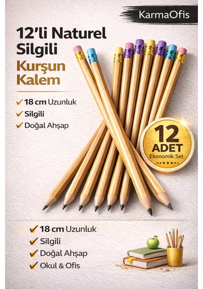 12'li Naturel Silgili Kurşun Kalem Hb 18 Cm Doğal Ahşap Okul Ofis Yazı Kalemi Ekru