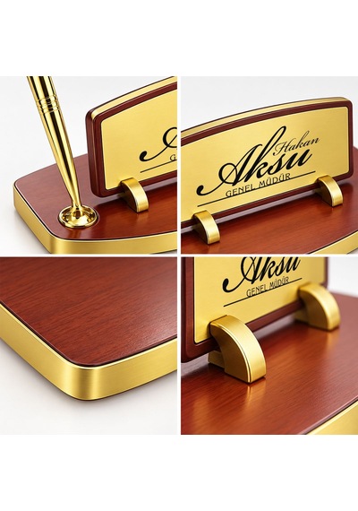 Bk Gift Kişiye Özel Kalemli Ahşap Masa İsimliği Gold Plakalı Bk26 -2 Çok Renkli