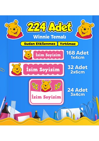 Okul Kreş Kişiye Özel İsim Etiket Seti - Winnie Temalı - Model 102 Çok Renkli