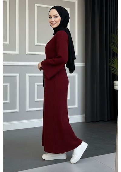 Defymoda Kadın Kırmızı Ribanalı / Fitilli Uzun Tesettürlü Kışlık Elbise - Çan Kol Detaylı Astarlı/örme Kırmızı
