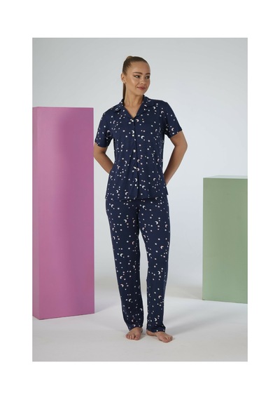 Estiva Kadın Gece Desenli Lacivert Kısa Kollu Önden Düğmeli Soft Pijama Takımı Çok renkli