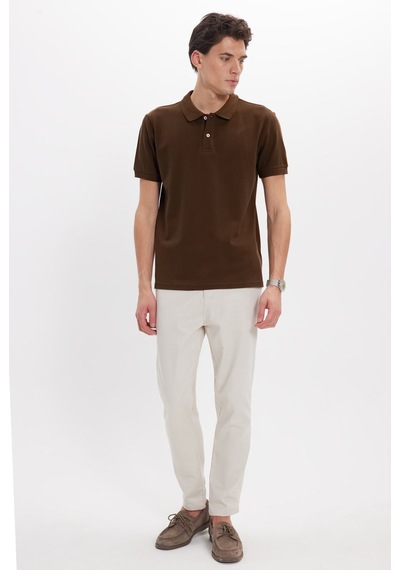 Tudors Erkek Slim Fit Dar Kesim %100 Pamuk Kısa Kollu Polo Yaka Kahverengi Tişört-51136
