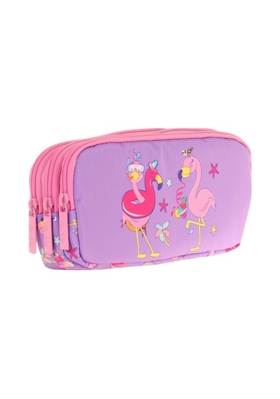 Kaukko Kids Pembe Mor, Flamingolar, Kız Çocuk Üç Gözlü Okul Kalem Çantası - L8240 Pembe - Kırmızı