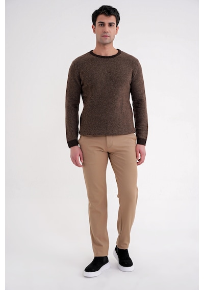 Slim Fit Renkli Ribanalı Kahverengi Vizon Yünlü Bisiklet Yaka Triko Kazak Tr 890 Kahverengi-vizon