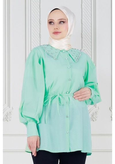 Sevitli Yakası Taş Çakım Tunik-yeşil-3648-yeşil Yeşil