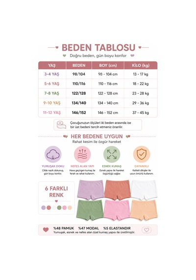 Westicgiyim Kız Çocuk Boxer 6 Lı Paket Fitilli Modal %48 Pamuk %47 Modal Esnek Yumuşak Çocuk İç Çamaşırı 3-12 Yaş Çok Renkli