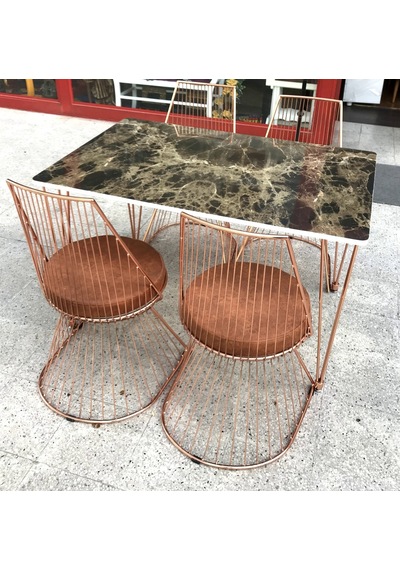 Masa Tel Sandalye Model Takım Metal Çelik Rose Japon Ayak Mdf Lam Siyah Mermer Tabla El Yapım