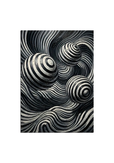 Siyah Beyaz Spiral Küreler Dalga Optik Dekoratif Kanvas - Mdf Ahşap Tablo Çok Renkli