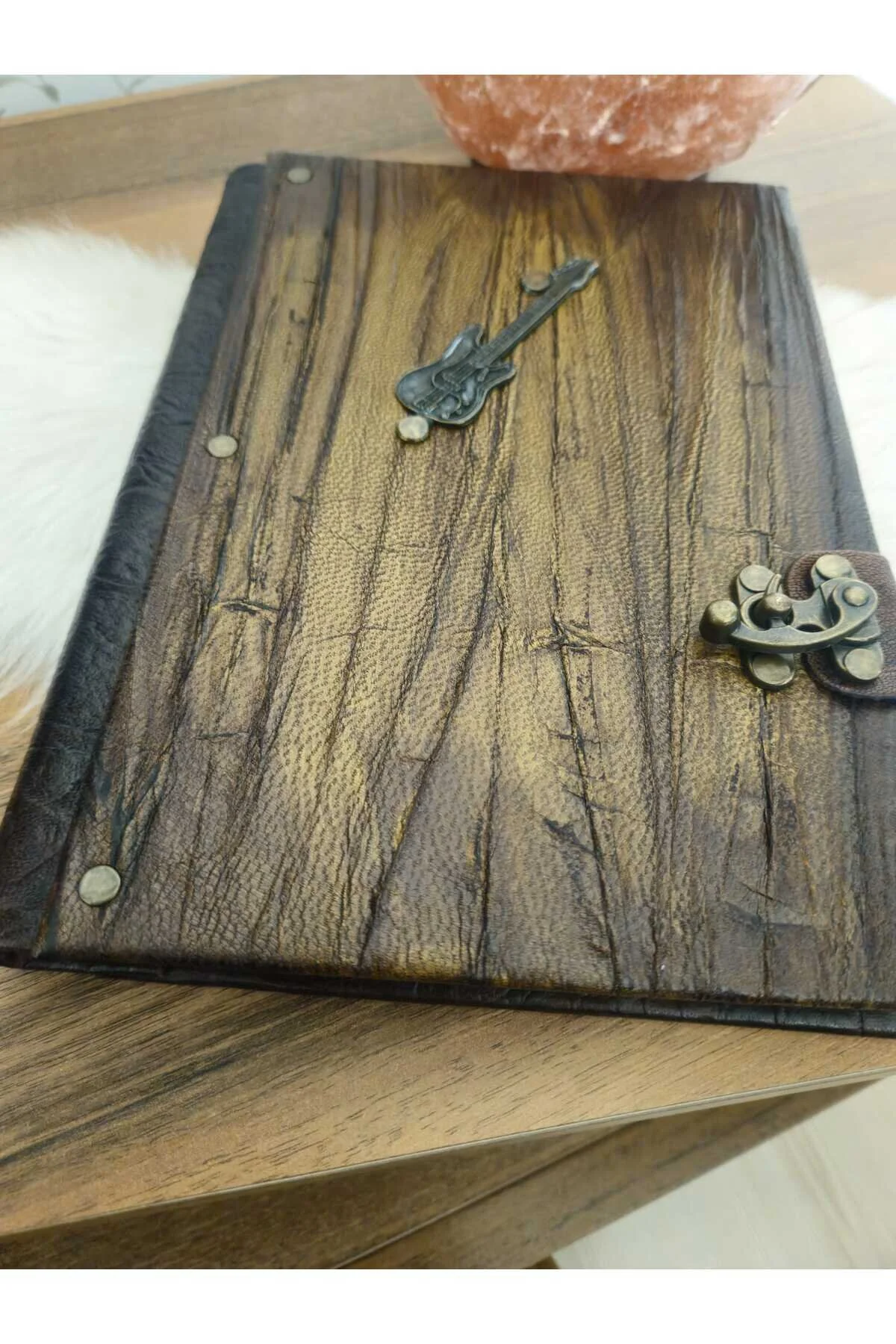 Bas Gitar Hakiki Deri Italyan Baskili Özel Desen El Yapımı Defter Açık Kahverengi