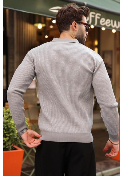 Madmext Gri Polo Yaka Dokulu Erkek Triko Kazak E7511 Gri/beyaz