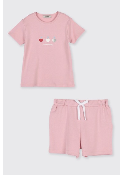 Panço Kız Çocuk Kiraz Baskılı Pembe Pijama Takımı