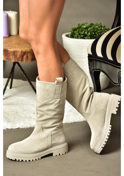 Fox Shoes R555267002 Bej Hakiki Deri Süet Kadın Çizme Bej
