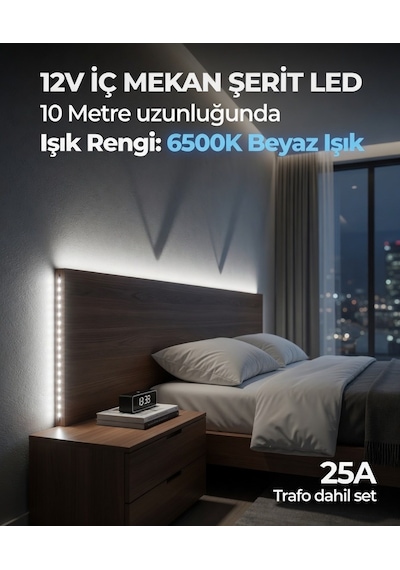 10 Metre 12v 6500k Beyaz Işık Şerit Led + 12v 25a Slim Led Trafosu Hazır Set 10 Metre Gün Işığı