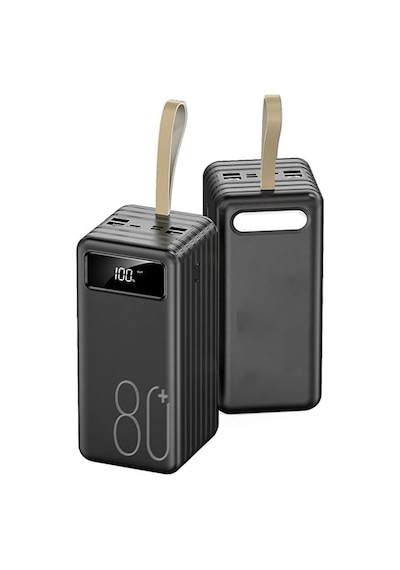 Exenar - Siyah - 80.000mah Powerbank Kamp Led Işıklı Kendinden Kablolu Powerbank 4xusb-1typec-1lightning Giriş