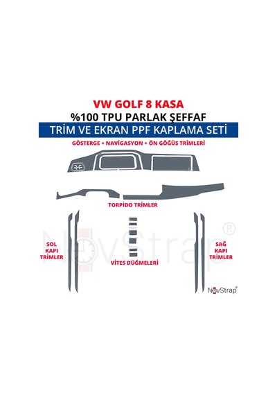 Novstrap Vw Golf 8 İle Uyumlu Trim Ve Ekran Koruyucu Film 18 Parça Şeffaf Araç İçi Ppf Kaplama Seti