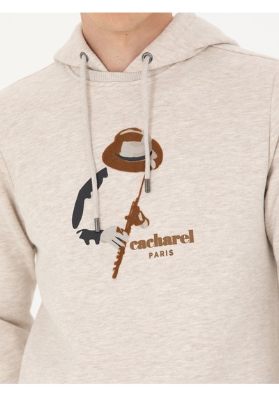 Bej Melanj Regular Fit Pamuk Karışımlı Kapüşonlu Sweatshirt
