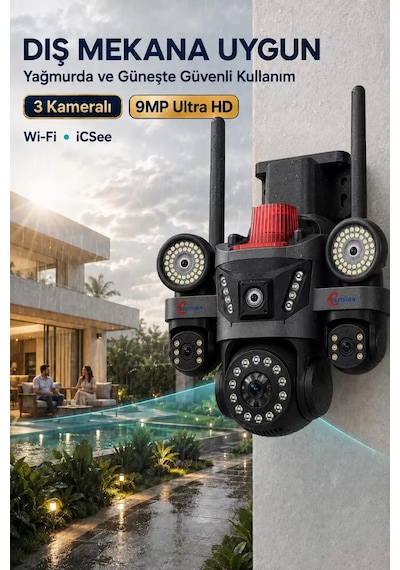 İcsee 9003 9mp 3 Lens Wifi Güvenlik Kamerası, Motorlu Gece Görüşlü Dış Mekan Kamera, 32gb Kart Ve Adaptör