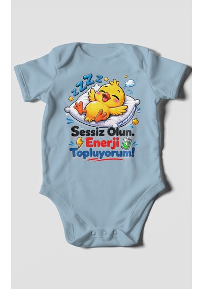 Morivokids Sessiz Olun, Enerji Topluyorum Kısa Kollu Bebek Body %100 Pamuk Bebe Mavisi