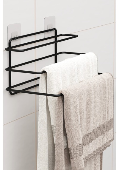 Yapışkanlı 3 Katlı Havlu Asıcı Raf Banyo Düzenleyici Metal Havlu Tutacağı Organizer Havluluk Rafı Siyah