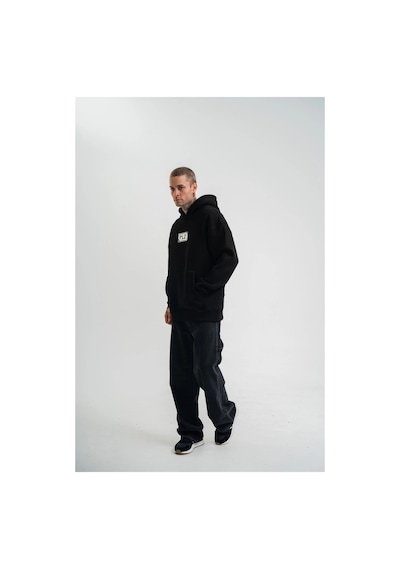 Erkek 3 İplik Pamuklu Kapüşonlu Patchli Nakışlı Hoodie Sweatshirt - Siyah