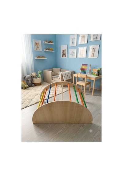 Montessori Pikler Arch Ahşap Tırmanma Köprüsü Ve Sallanan Koltuk - Doğal Ahşap Montessori Oyuncak - Renkli