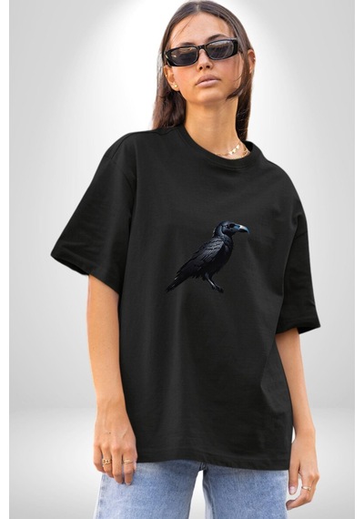 Siyah Karga Pamuklu Bisiklet Yaka Unisex Oversize Boyfriend Dijital Baskılı Siyah T-shirt Siyah