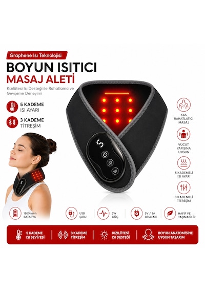 Graphene Isı Teknolojili Boyun Isıtıcı Masaj Aleti 5 Kademeli Isı Ayarı 3 Kademeli Titreşim Usb Şarjlı Kablosuz Boyun Destekleyici Siyah