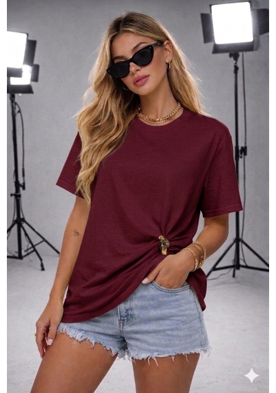 Ribana Kadın Bisiklet Yaka Kısa Kollu Gold Yan Toka Detaylı T-shirt 5035 Bordo