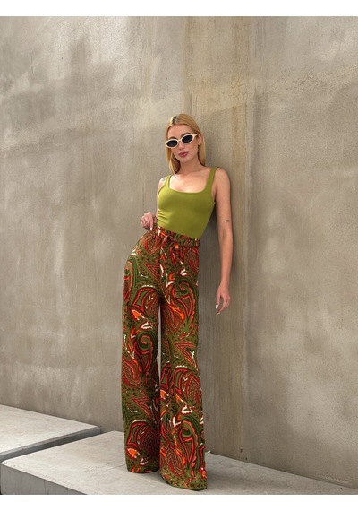 Mamayaga Kadın Yüksek Bel Kuşaklı Desenli %100 Viscose Pamuk Geniş Paça Şık Casual Büyük Beden Curve Pantolon Haki