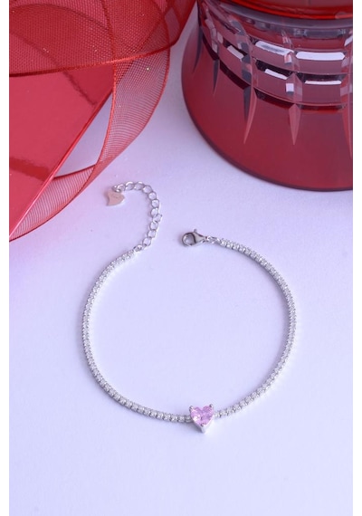 925 Ayar Gümüş Kalpli Bileklik Pembe