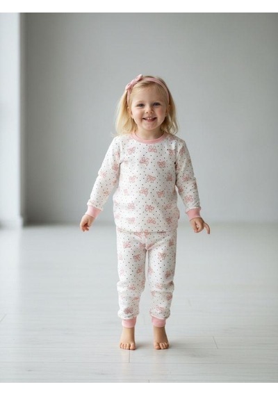 Kız Çocuk Pamuklu Fiyonk Baskılı Pijama Takımı-16833 Pudra