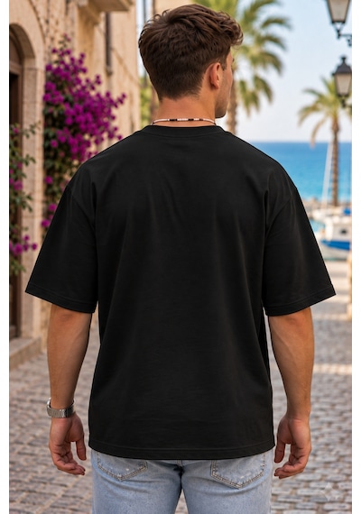 Erkek Oversize Tişört Bisiklet Yaka Basic Bol Kesim Kısa Kollu Günlük T-shirt Siyah