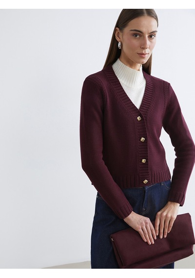 Lcw Comfort Bordo V Yaka Kendinden Desenli Kadın Triko Hırka