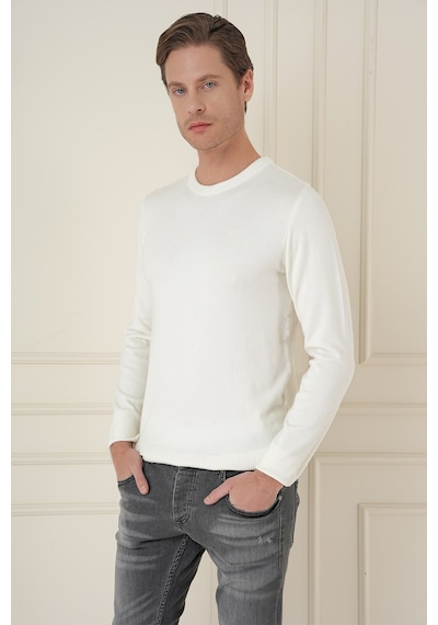 Slim Fit Ribanalı Düz Ekru Yünlü Bisiklet Yaka Triko Kazak Tr 900