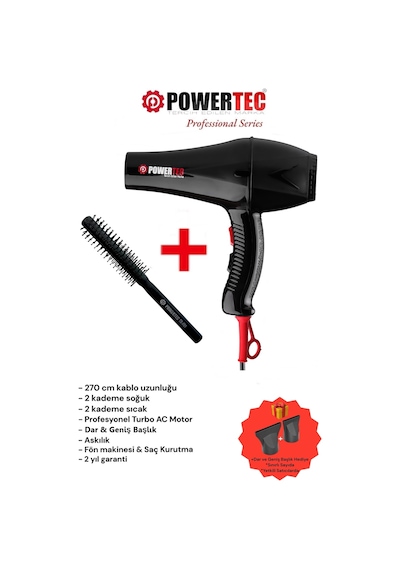 Powertec TR-901 Profesyonel Fön Makinesi + Berber Fön Fırçası