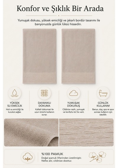 2'li Büyük Boy Banyo Havlusu 90x150 Cm %100 Pamuk Siena Collection 650 Gr Bej