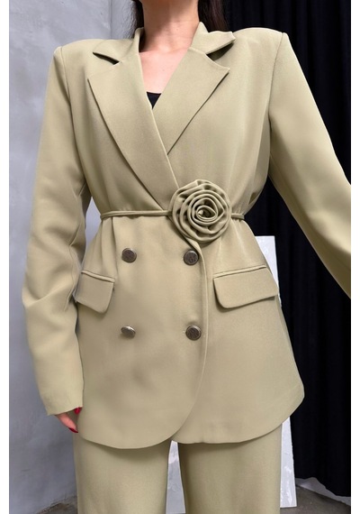Msm Fashion Kadın İkili Blazer Ceket Pantolon Takım Aksesuar Ve Düğme Detaylı Bol Paça Açık Haki Msm Fashion Kadın İkili Blazer Ceket Pantolon Takım Aksesuar Ve Düğme Detaylı Bol Paça Açık Haki