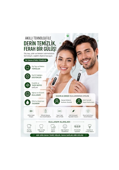 Diş Etitemizleme 500mah Bataryalı, 5x Temizleme Modlu Ultrasonik Akıllı Diş Temizleme Cihazı