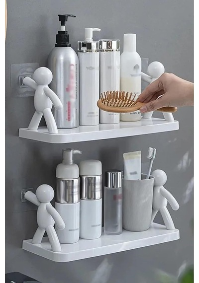 3 Lü Banyo Mutfak Organizer Şampuan Kozmetik Baharat Kavanoz Düzenleyici Yapışkanlı Raf Çöp Adam Siyah