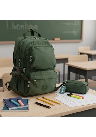 Duomino Krinkıl Suya Dayanıklı Büyük Boy Klinkır Sırt Çantası 15,6 Laptop Okul Çantası Kalemlik Takım Çanta Yeşil