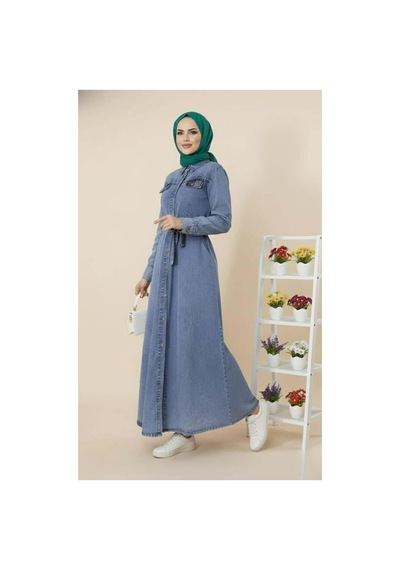 Hb Harma Time Butik Kadın Boncuk İşlemeli Düğmeli Kuşaklı Kot Mavi Elbise Mavi Mavi