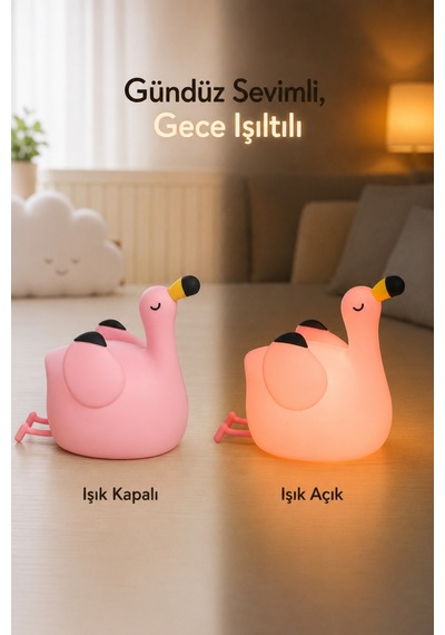 Flapo - Flamingo Figürlü Şarjlı Silikon Gece Lambası 3 Kademe Dokunmatik Usb-c Pembe Pembe