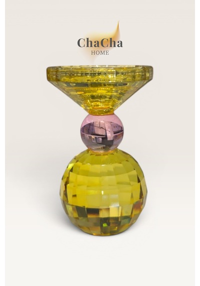 Chacha Home Crsyball Renkli Kristal Mumluk - Dekoratif Cam Şamdan- Küçük Boy - 15x25 Cm Sarı