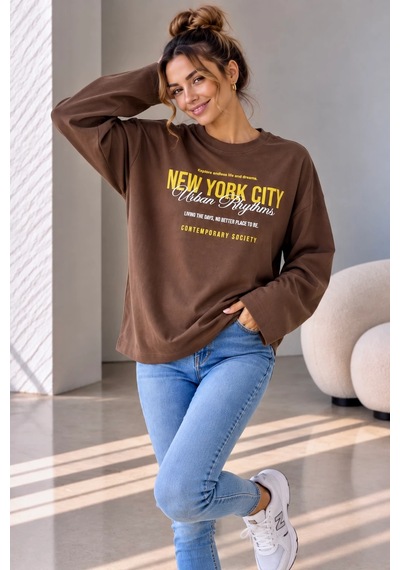 Bb Butik Basic Kadın Baskılı Bol Kollu Oversize İnce Sweatshirt Trend Model Mu3535 Kahverengi Bb Butik Basic Kadın Baskılı Bol Kollu Oversize İnce Sweatshirt Trend Model Mu3535 Kahverengi