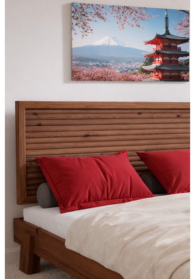 Ebruli Yatay Başlıklı Masif Ahşap Karyola Ceviz 90x200