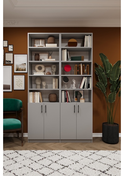 Asra Trend K-41 %100 MDF 120 cm 2 Modüllü Kapaklı Kitaplık Raflı Kütüphane Kül Gri
