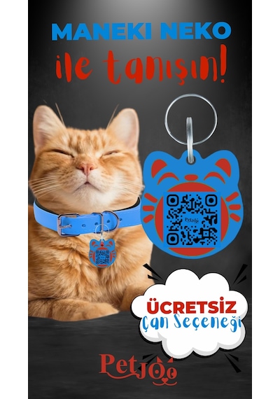 Petjoo 4.Maneki Neko Kırmızı-Mavi Qr'lı Kedi Künyesi