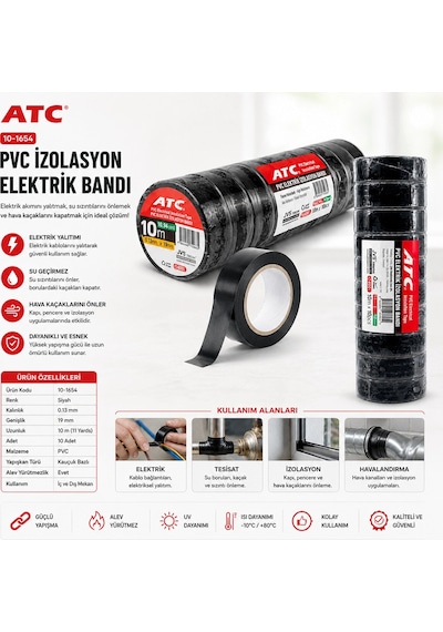 10 Adet Lüx Siyah Pvc İzolasyon Elektrik Bandı 0.13x19x11yds 10mm - 1 Paket Gönderilir - 1 Paket İçi